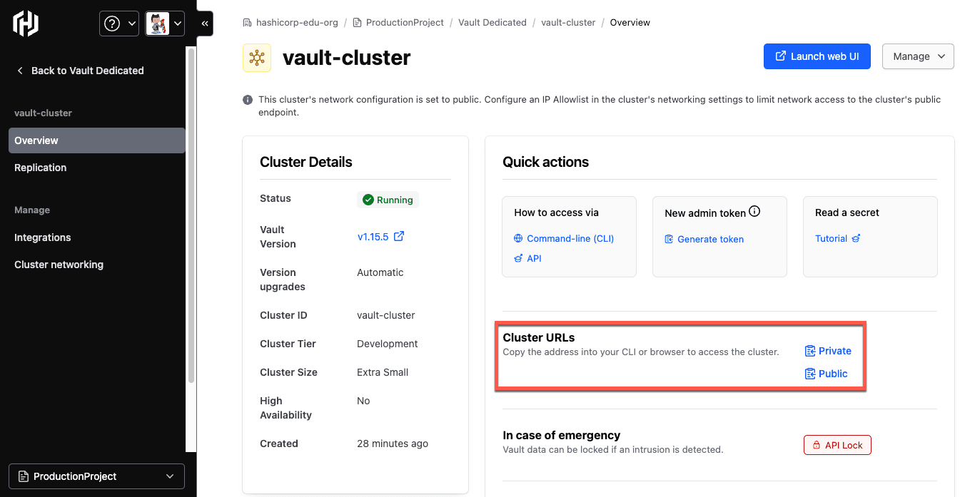 HCP Portal showing the HCP Vault Dedicated cluster overview page with the cluster
URLs window highlighted with both a public and private URL link
available