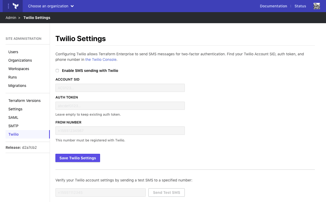 screenshot: the Twilio admin page