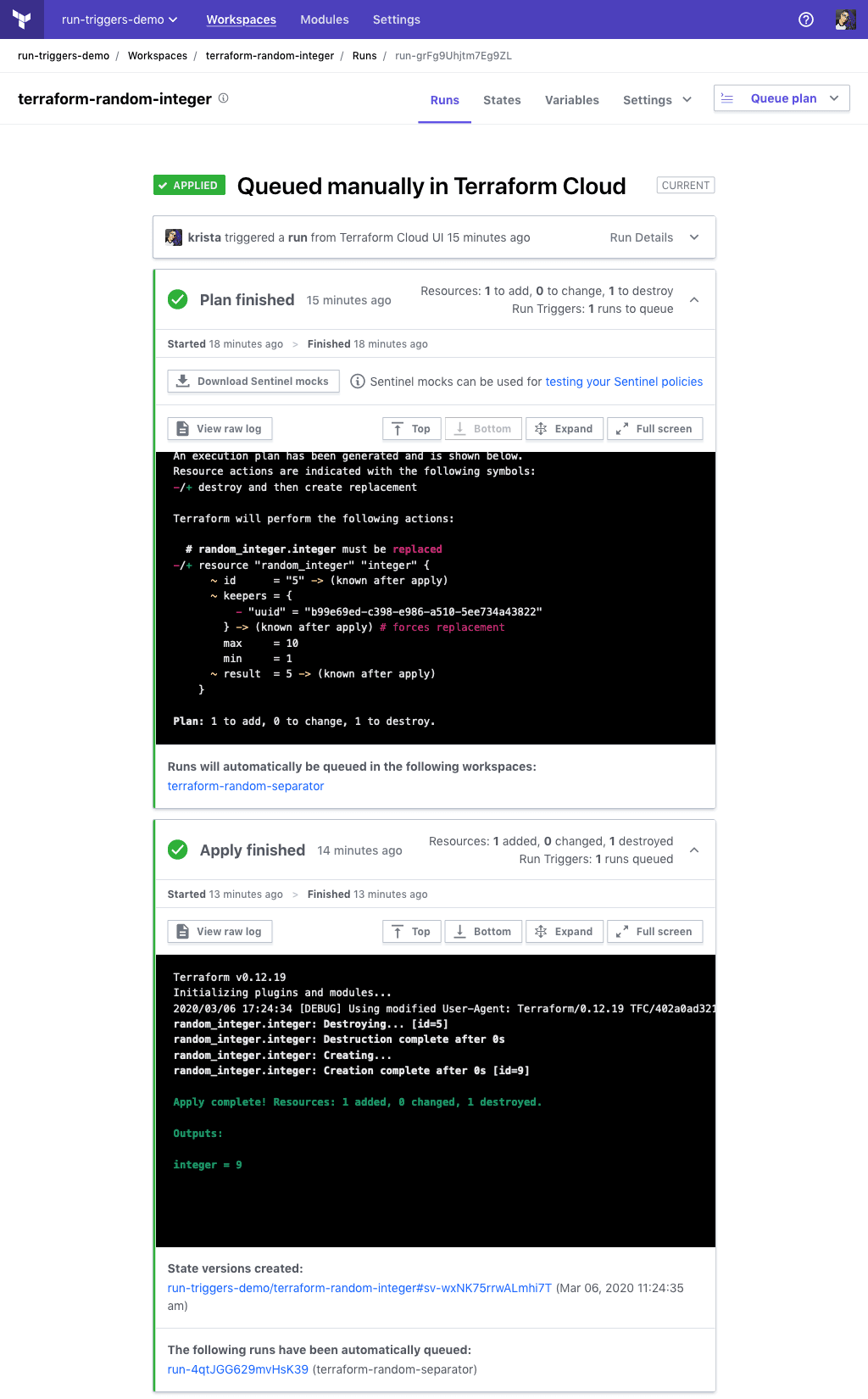 Screenshot: a source workspace run's plan phase, showing connected workspaces