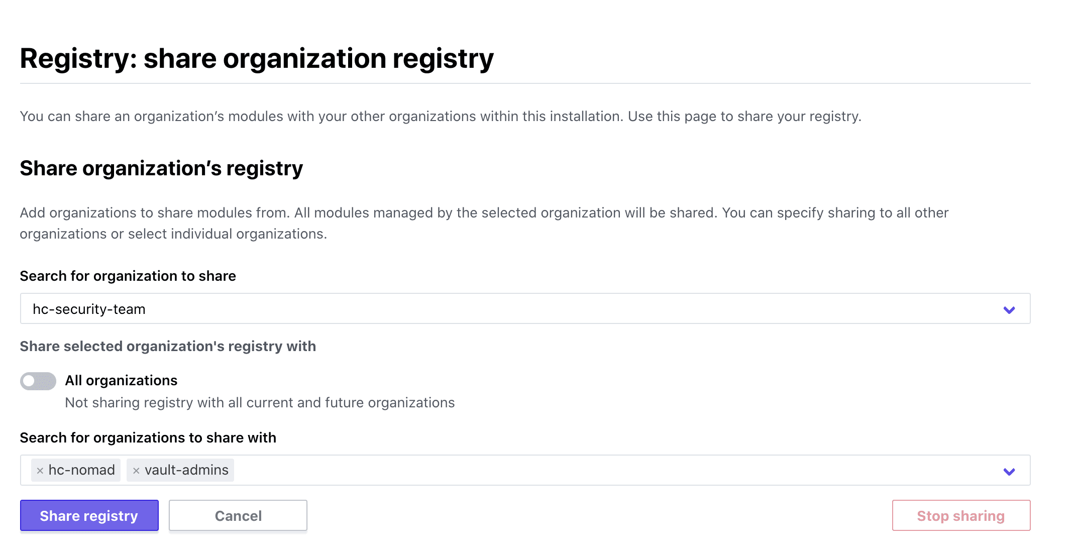 screenshot: manage shared registry page with module partnership sharing enabled