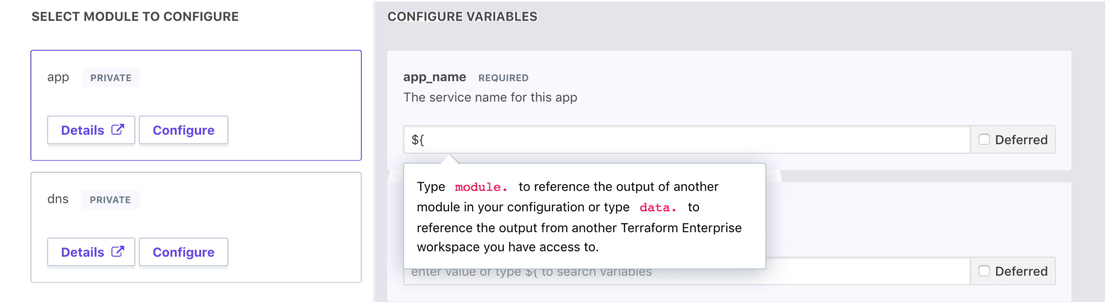 Terraform Cloud screenshot: interpolation help