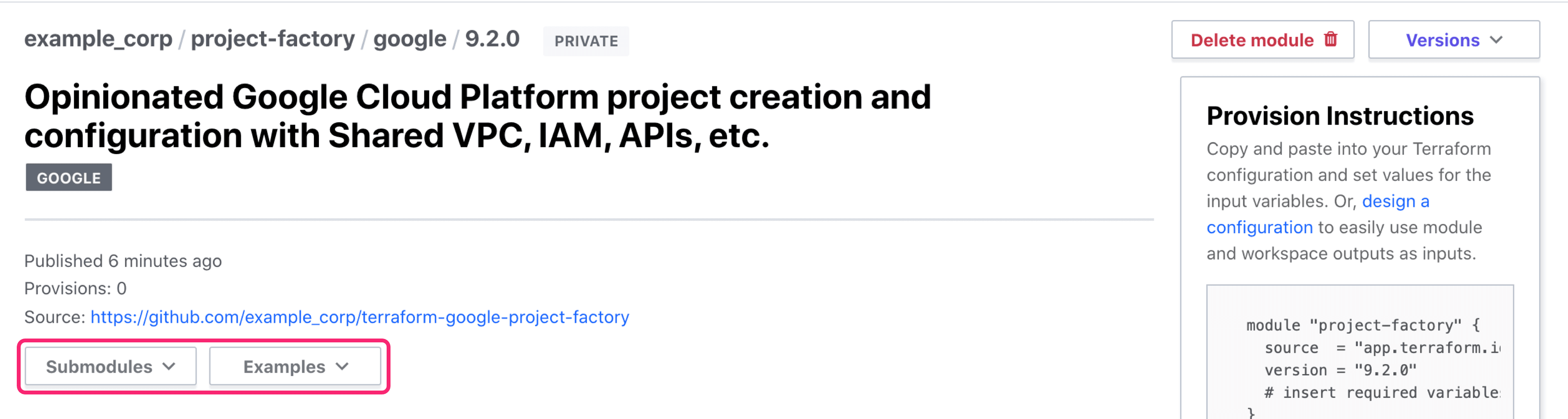 Terraform Cloud screenshot: a module submodules button