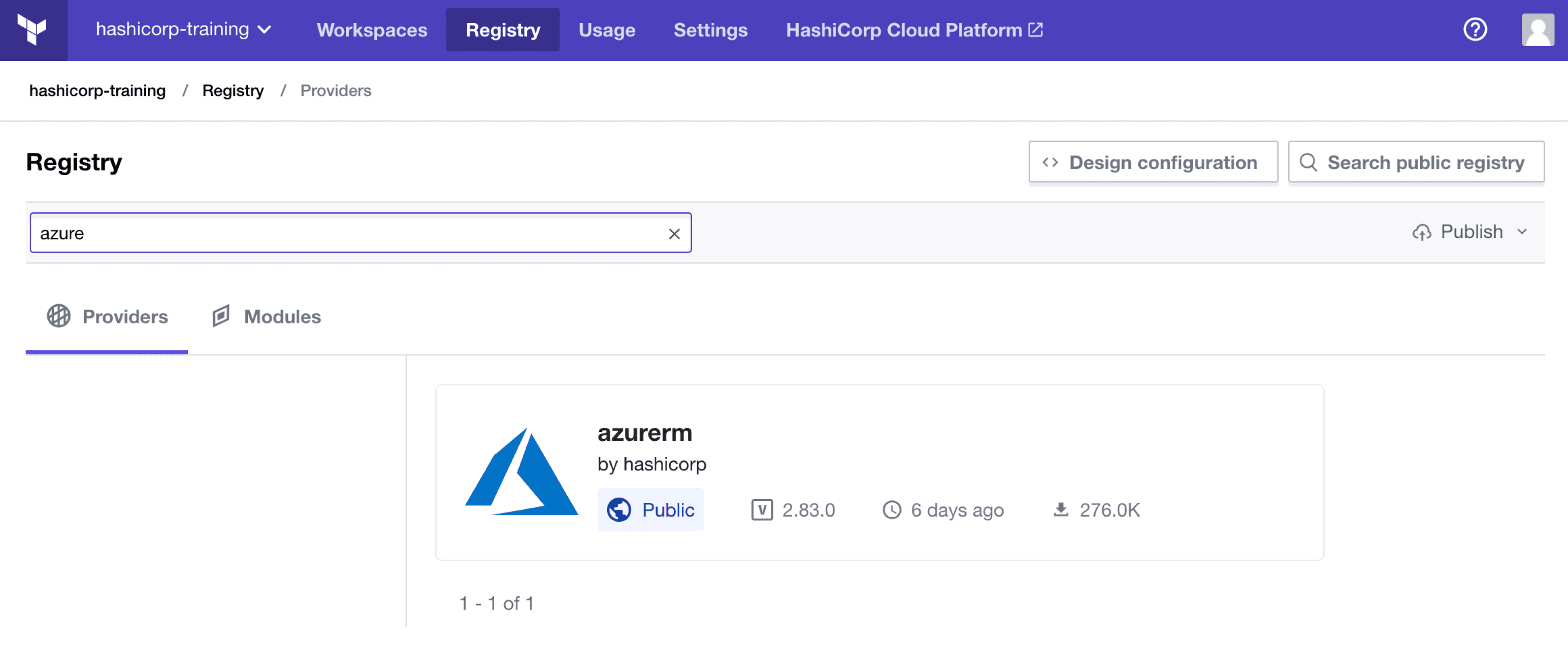 Terraform Cloud screenshot: a filtered list of available providers