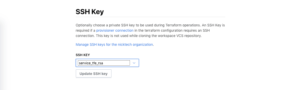 Terraform Cloud screenshot: the SSH key dropdown menu