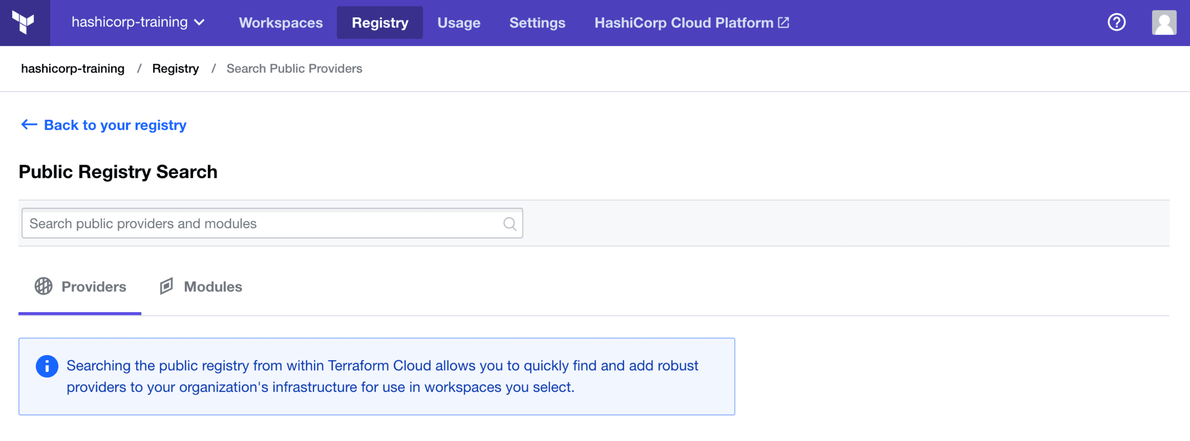 Terraform Cloud screenshot: the Search Public Modules page