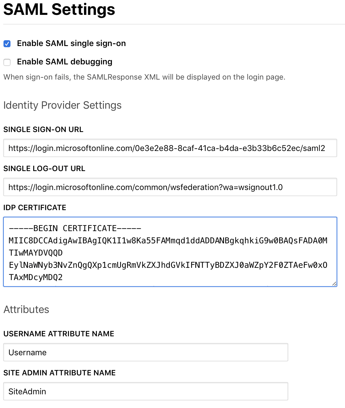 Screenshot: Terraform Enterprise SAML Settings