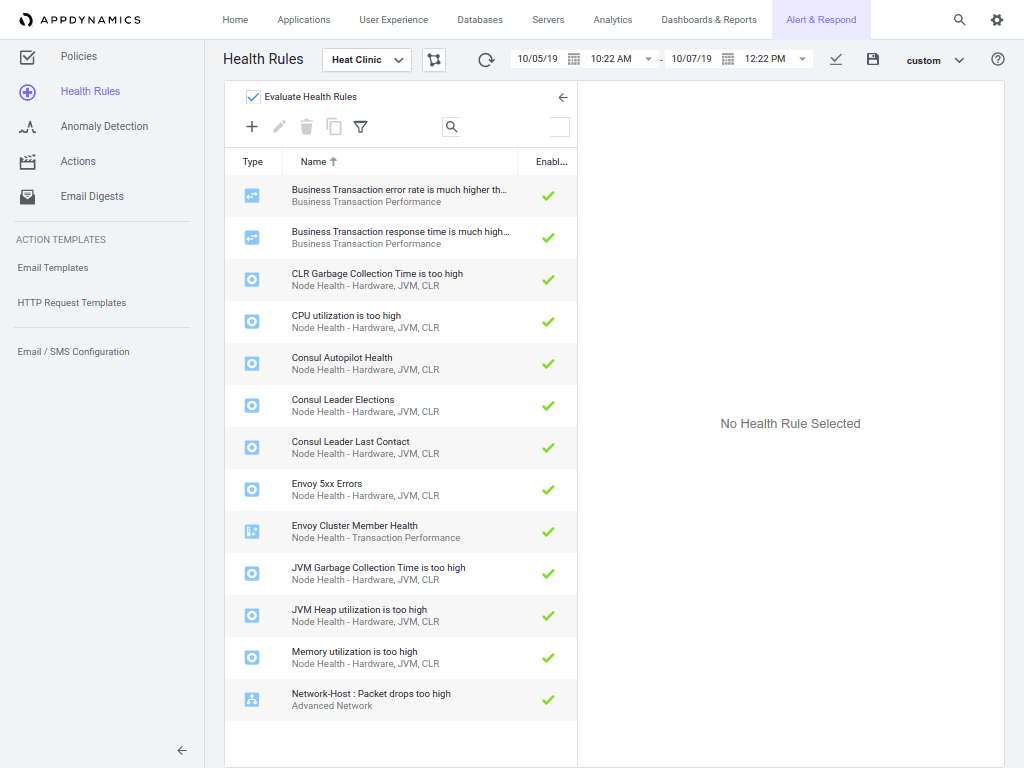 AppDynamics CNS custom health rules screen