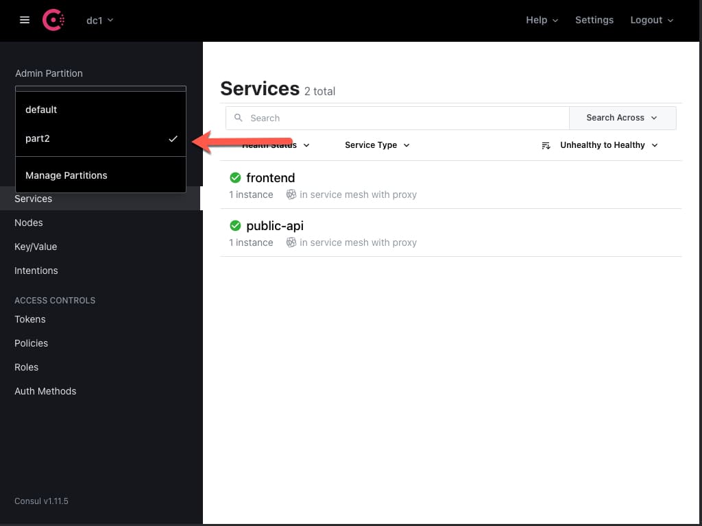 Picture of the Consul UI with an arrow pointing towards the Admin Partitions menu in the top left corner