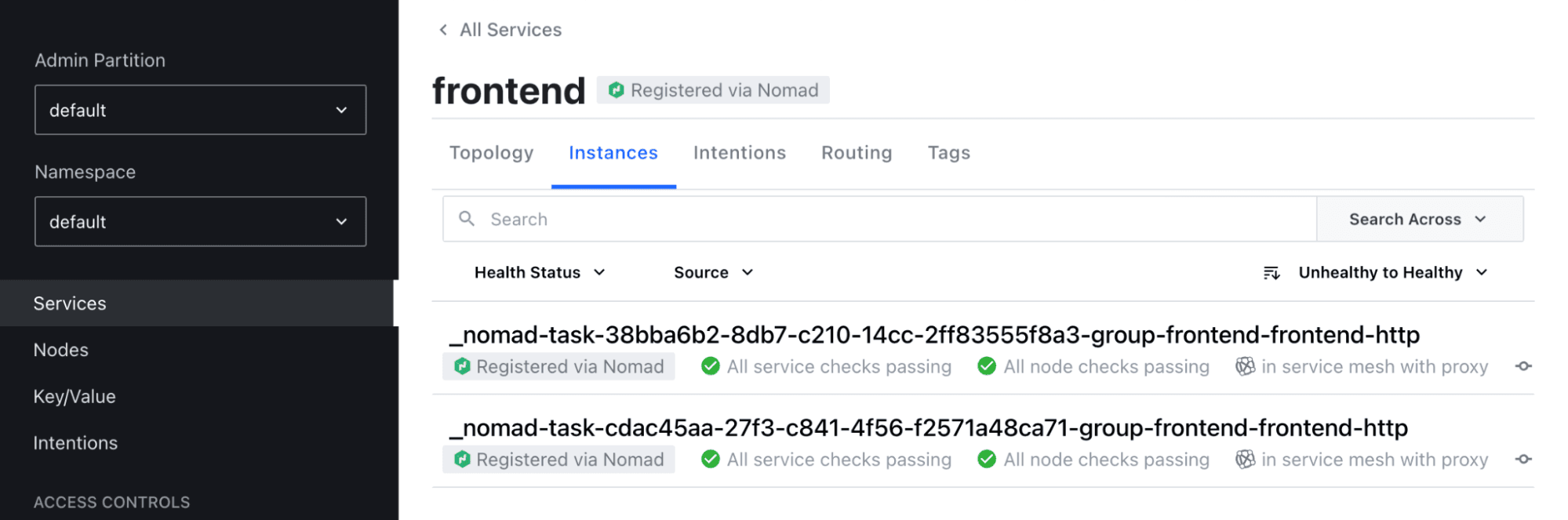 The `frontend` service shows two instances.