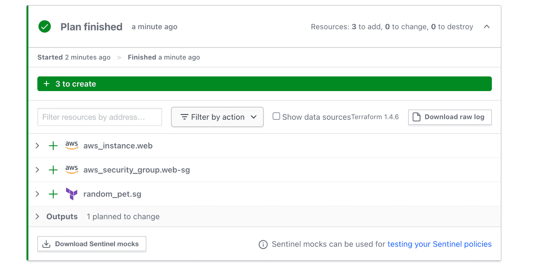 View pull request with workflow action results and speculative plan.