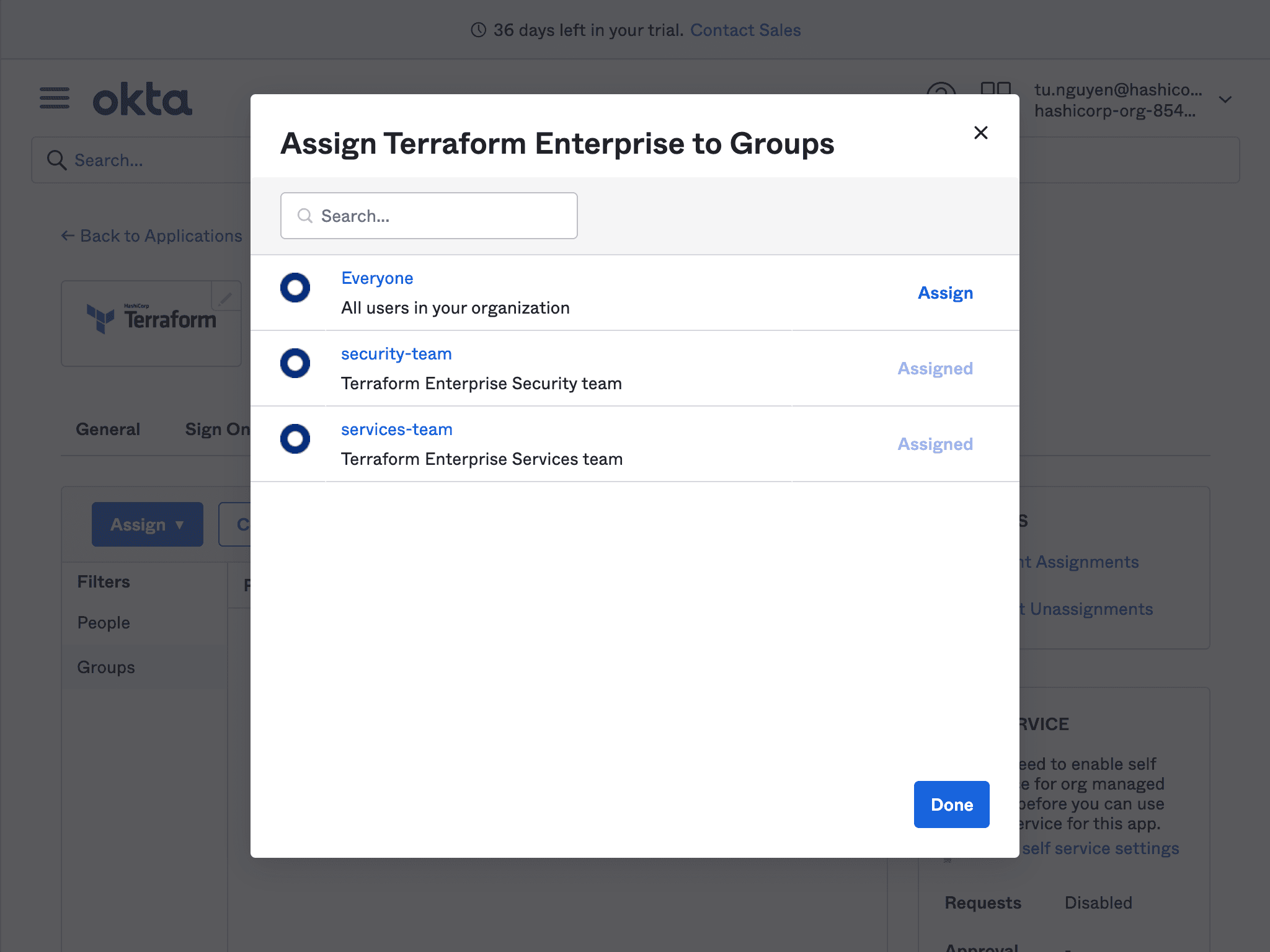 Confirm security-team and services-team has access to Terraform Enterprise through Okta