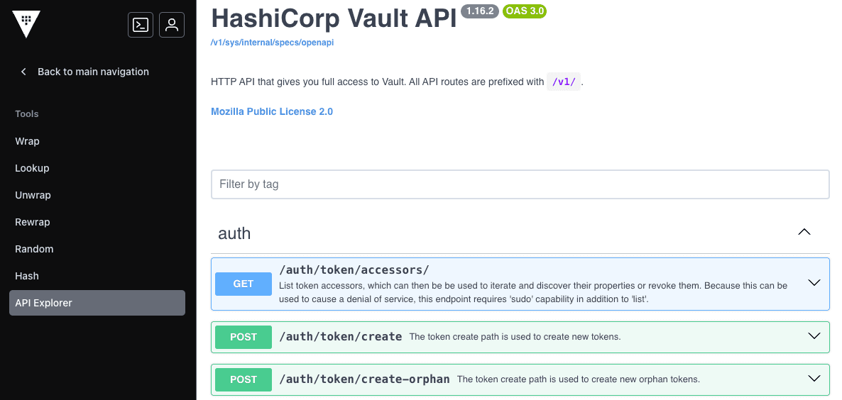 Vault UI showing the API explorer from the tools menu featuring several auth
API examples