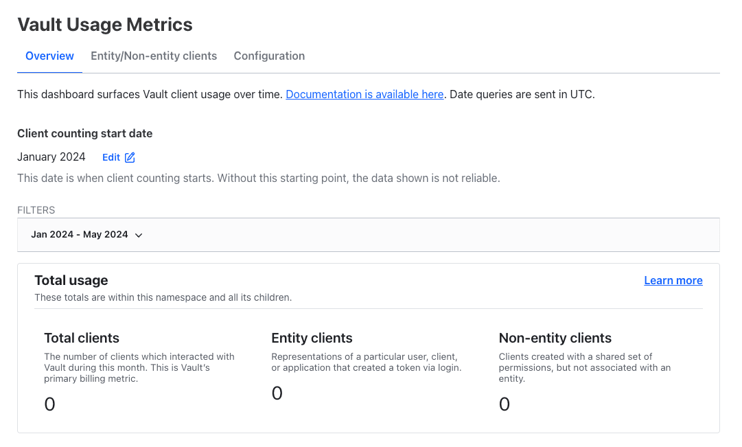 Vault UI showing the Vault usage metrics overview
dashboard